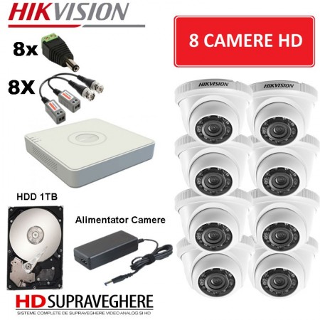 Kit supraveghere video complet 8 camere Dome HD 720p IR20m Hikvision