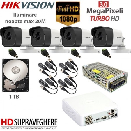 Kit Complet 4 Camere supraveghere 3.0 MegaPixeli FULL HD IR 20M Hikvision