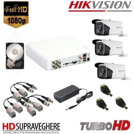KIT SUPRAVEGHERE VIDEO COMPLET 3 CAMERE FULL HD 2.0MP IR80M HIKVISION