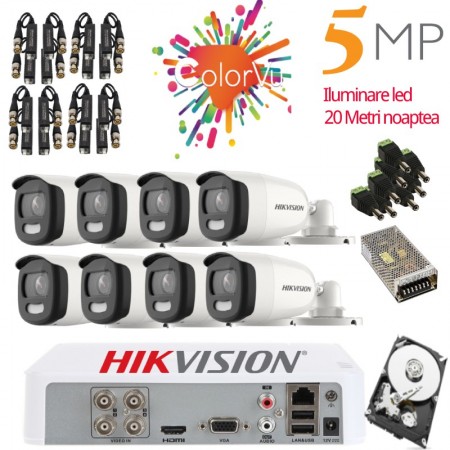 Kit supraveghere 8 camere ColorVU Hikvision 5.0 MP Iluminator led alb 20 M