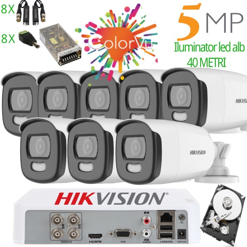 Kit supraveghere 8 camera ColorVU Hikvision 5.0 MP Iluminator led alb 40 M